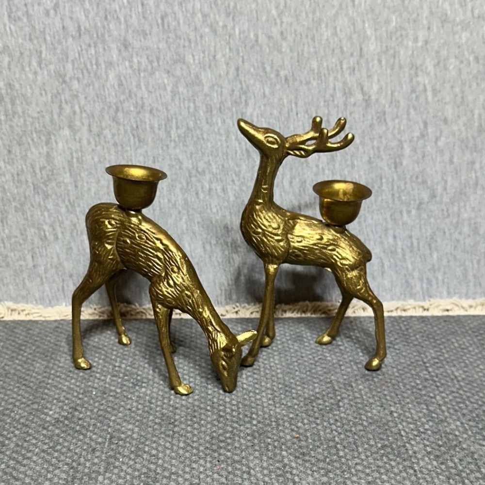 Vintage Brass Deer Candle Holder Set Mid Century Buck and Doe Reindeer Decor